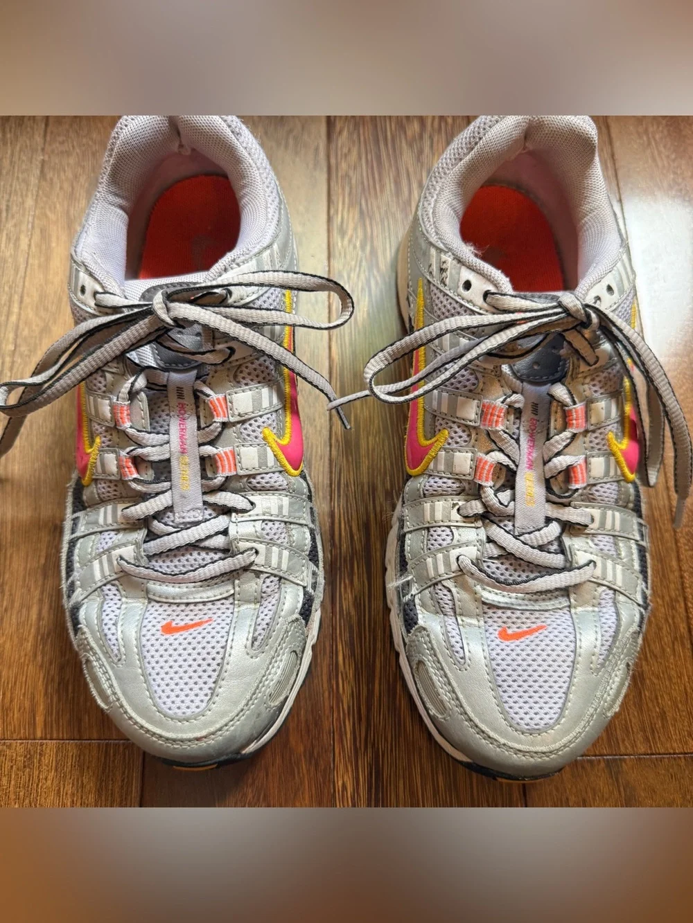 Nike Women's Grey Running Sneakers with Pink & Yellow Accents Size 7